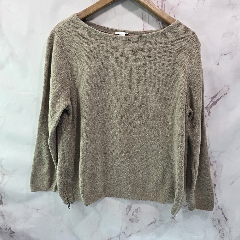 J Jill Sweater Womens Large P Petite Tan Brown Boat Neck Zip Side Cotton